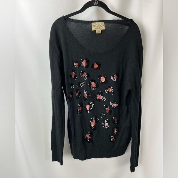 Wildfox Sweater Black Leopard Cheetah Print Small Sequins Scoop Neck Thin Knit - Picture 2 of 6